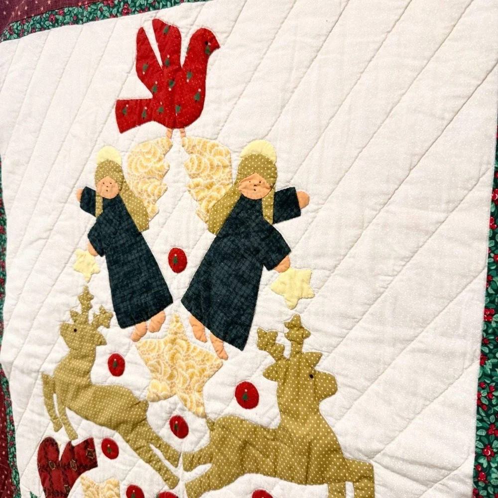 Vintage Christmas Applique Quilt Wall Hanging Angels Reindeer Folk Art 24x32